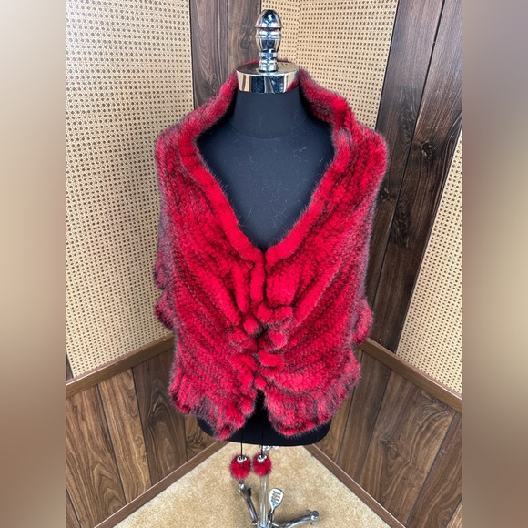 GENUINE DYED RED KNIT KNITTED MINK FUR SHAWL STOLE SCARF WRAP OS ONE SIZE - Picture 2 of 7